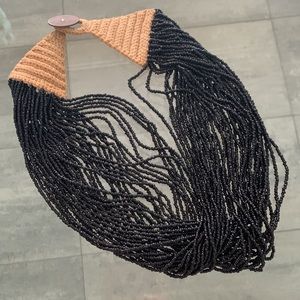 new INDIA BLACK GLASS MICRO BEAD NECKLACE WITH WOVEN SISAL & OLD COIN CLOSURE